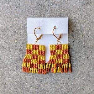 Handmade Yellow Orange Square Checkered Pattern Stitch Beaded Earrings